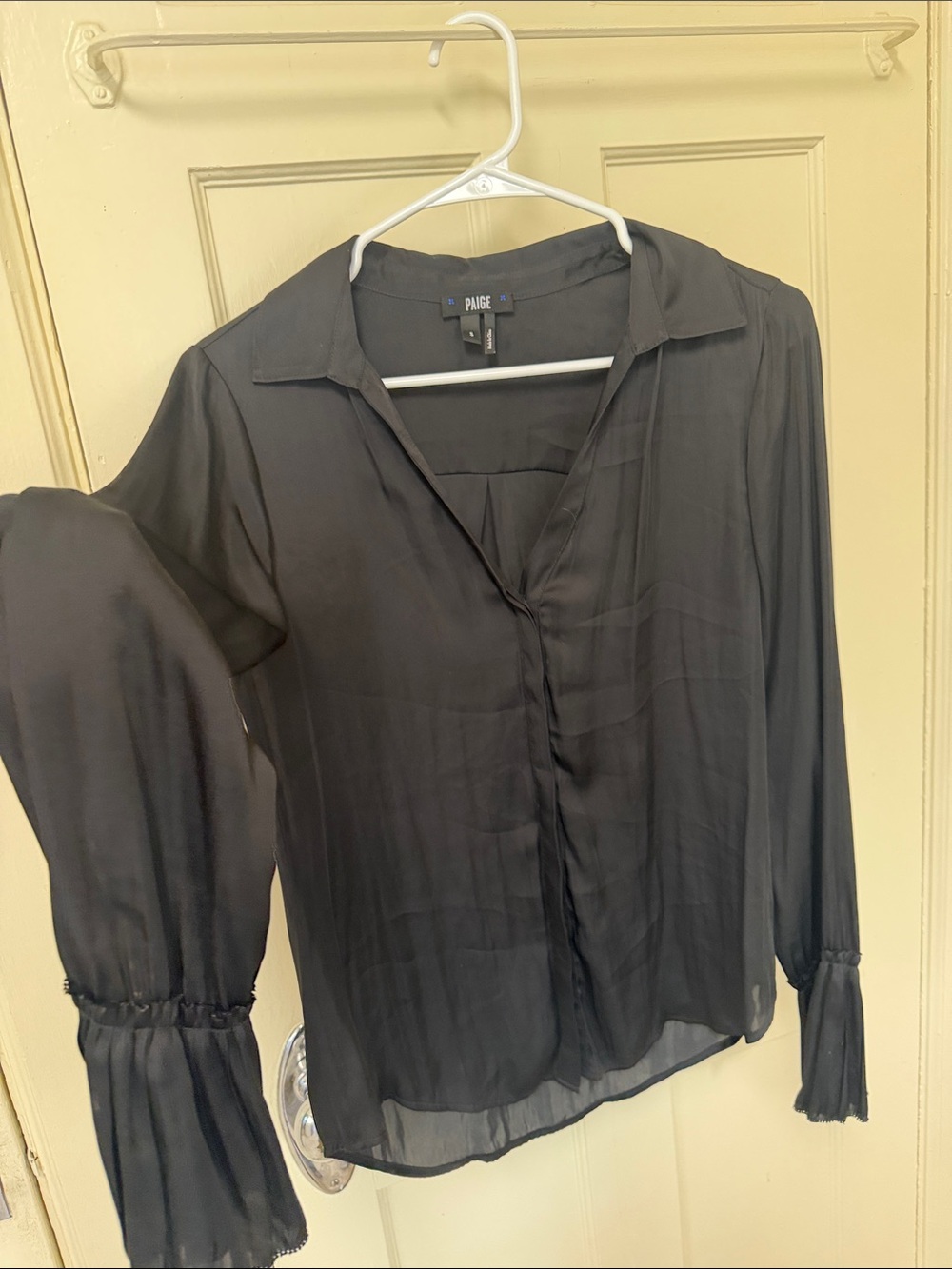 PAIGE Black silky Button-Down Blouse with Flared Cuffs